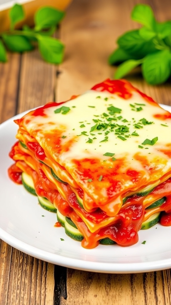 Low Carb Zucchini Lasagna Recipe A slice of low carb zucchini lasagna with layers of zucchini, marinara, and cheese on a rustic table.